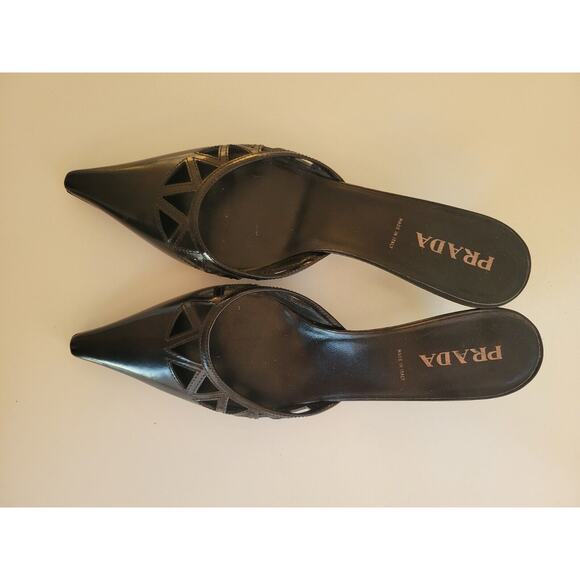PRADA Vintage VTG black pointy pointed kitten heel mules 37 - Picture 3 of 12